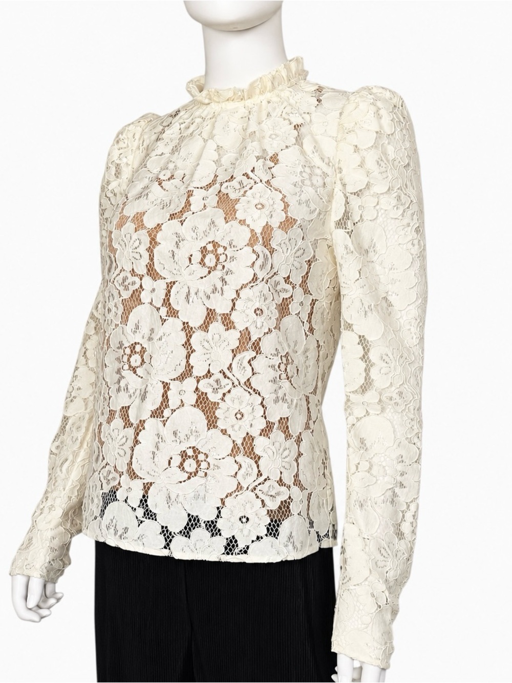 WAYF Women’s Small Ivory Floral Lace Blouse Puff Sleeve Ruffle Neck NWT Cami - Picture 6 of 9